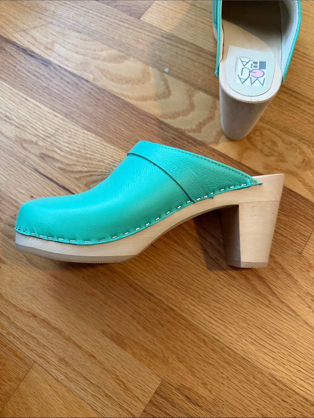 Mint green/aqua Maguba Leather Clog Heels, new size 40 - Picture 6 of 8